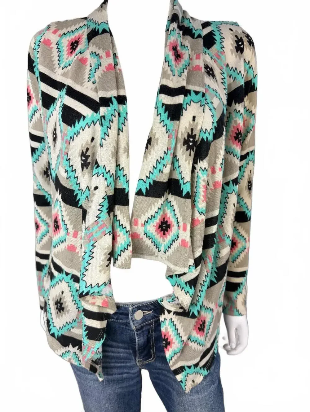 Living Doll Medium Aztec Print Open Front Cardigan Sweater